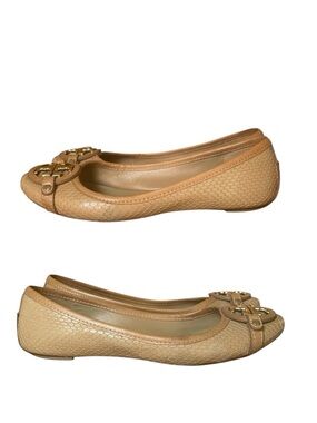 Tory Burch Beige Snake-Embossed Logo Ballet Flats w/ gold accents. 7.5